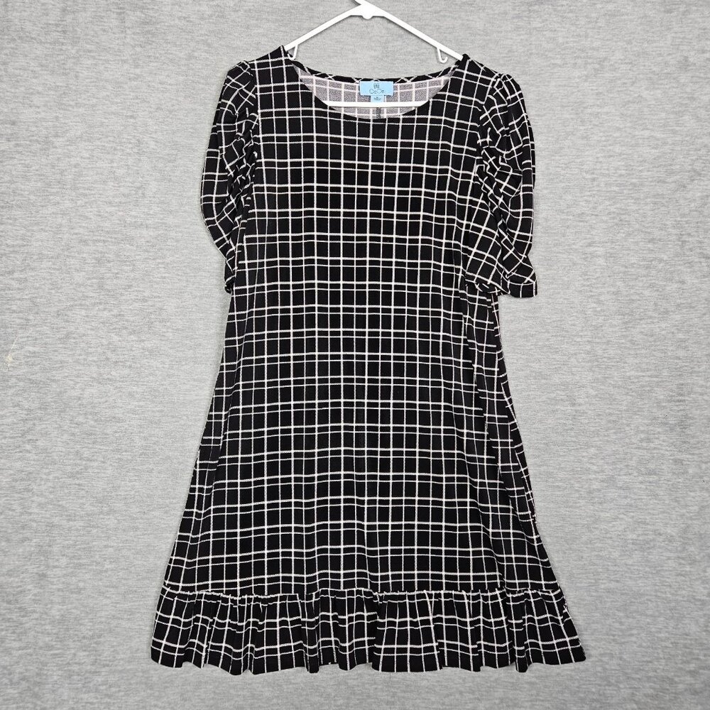 CeCe Black White Stripes Size M Puff Sleeve Ruffle Hem Dress